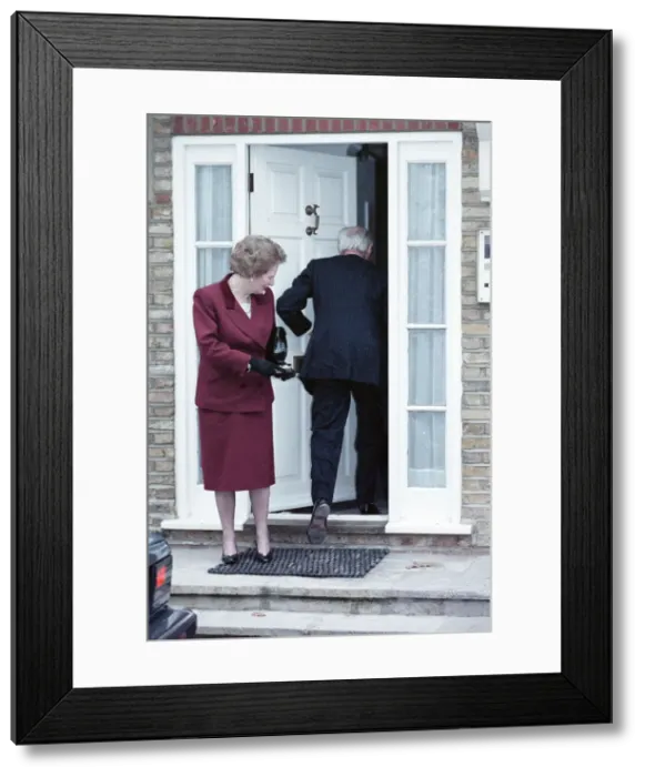 Framed Print : Margaret and Denis Thatcher at their new home in Dulwich. 28th November 1990 Framed Print : Margaret and Denis Thatcher at their new home in Dulwich. 28th November 1990