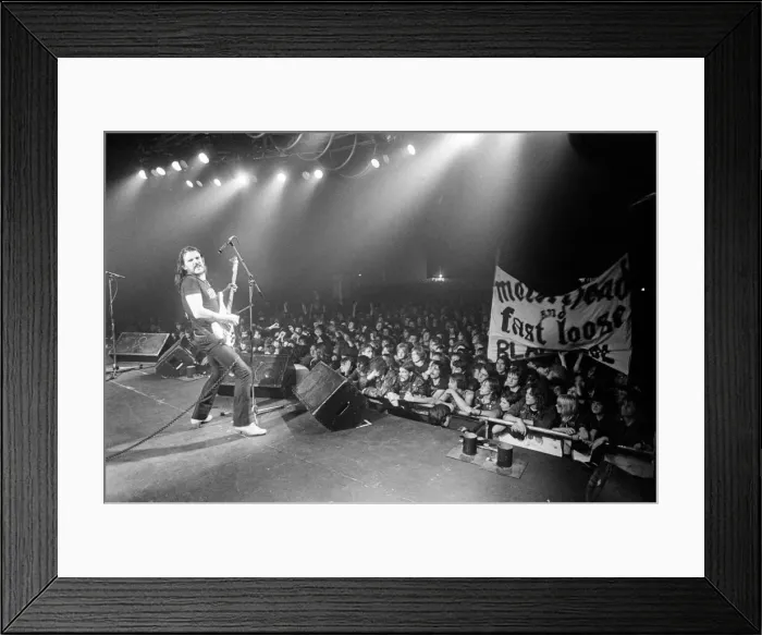 Framed Print : Motorhead concert at Queens Hall, Leeds. Lemmy on stage. 2nd April 1981 Framed Print : Motorhead concert at Queens Hall, Leeds. Lemmy on stage. 2nd April 1981