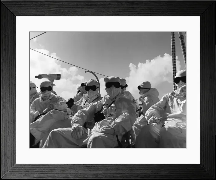 Framed Print : Members of the press and naval ratings aboard HMS Alert 35 miles offshore of Malden