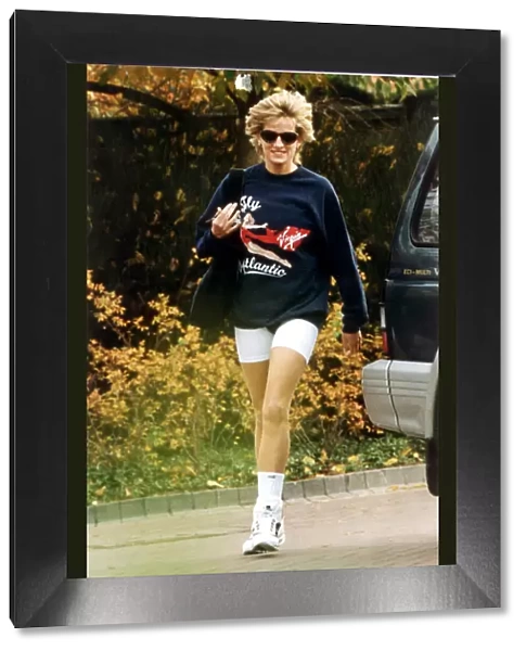 PRINCESS DIANA ARRIVING AT THE CHELSEA HARBOUR CLUB WEARING HER TRAINING KIT OF BLUE