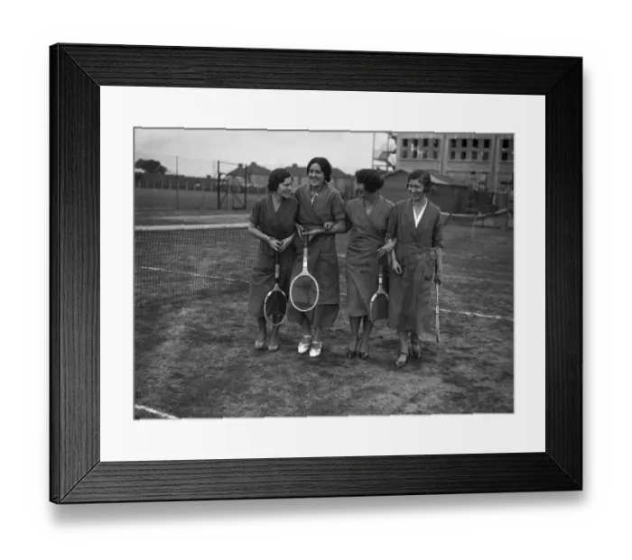 Framed Print : Female Hoover factory workers walking on a tennis court outside the factory building