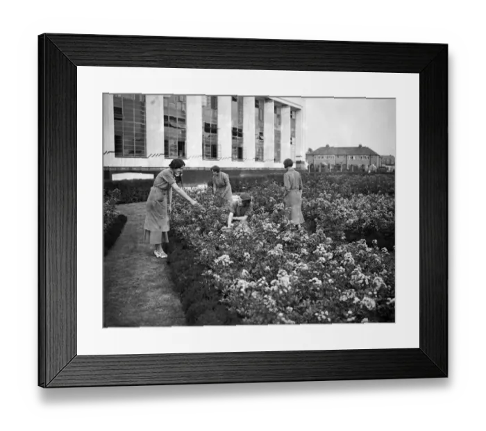 Framed Print : Female Hoover factory workers in a flower garden outside the factory building Framed Print : Female Hoover factory workers in a flower garden outside the factory building