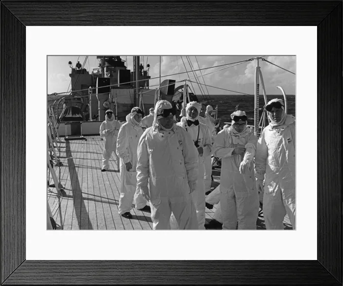 Framed Print : Members of the press and naval ratings aboard HMS Alert 35 miles offshore of Malden Framed Print : Members of the press and naval ratings aboard HMS Alert 35 miles offshore of Malden