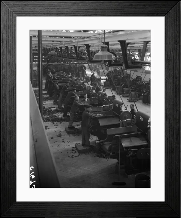 Framed Print : Workers feeding tobacco leaf in to machines at the start of the cigarette manufacture in Framed Print : Workers feeding tobacco leaf in to machines at the start of the cigarette manufacture in