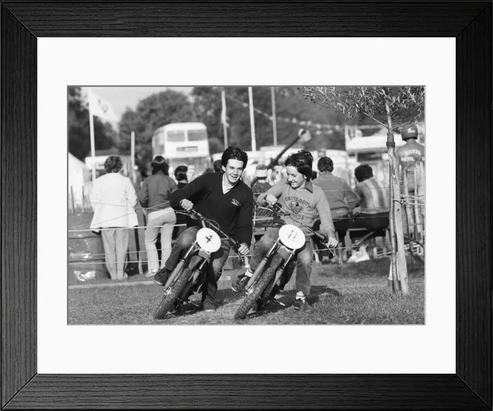 Framed Print : Reading show in Reading, Berkshire. (Picture) Two young lads on motor bikes having Framed Print : Reading show in Reading, Berkshire. (Picture) Two young lads on motor bikes having