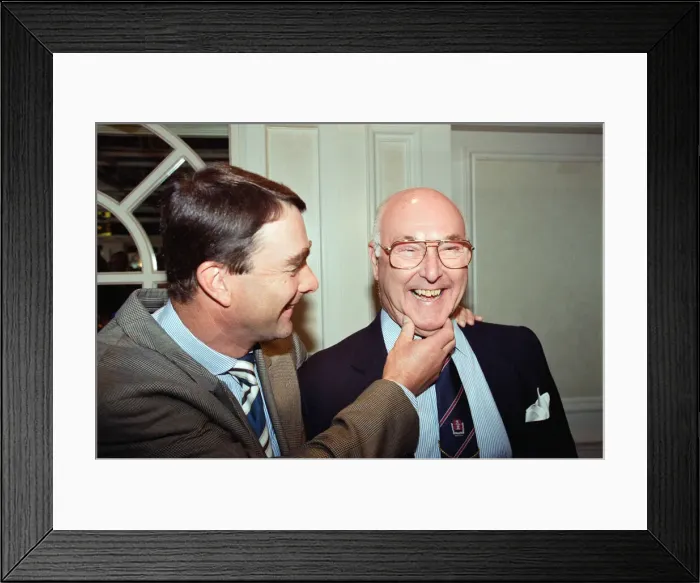 Framed Print : Motoracing driver Nigel Mansell with commentator Murray Walker at the Variety Club Awards
