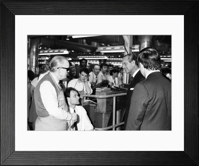 Framed Print : Prince Philip, Duke of Edinburgh visits the Jaguar assembly plant at Browns Lane