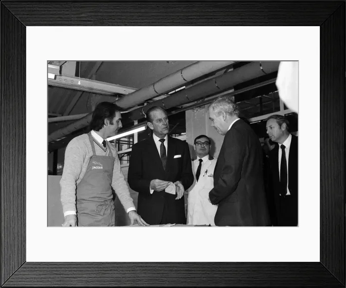 Framed Print : Prince Philip, Duke of Edinburgh visits the Jaguar assembly plant at Browns Lane