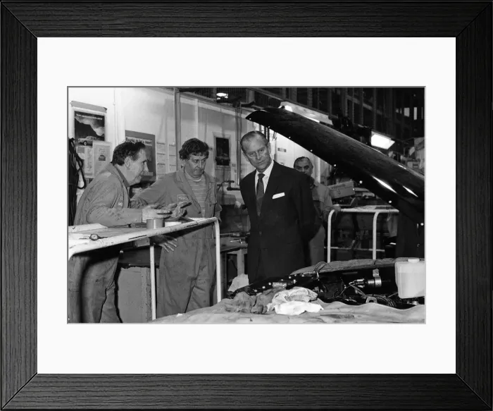 Framed Print : Prince Philip, Duke of Edinburgh visits the Jaguar assembly plant at Browns Lane Framed Print : Prince Philip, Duke of Edinburgh visits the Jaguar assembly plant at Browns Lane