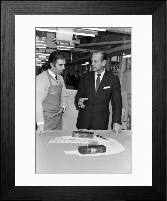 Framed Print : Prince Philip, Duke of Edinburgh visits the Jaguar assembly plant at Browns Lane