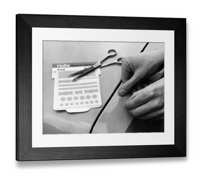 Framed Print : Holts Scratch Patches. Holts have produced this great little idea for patching up