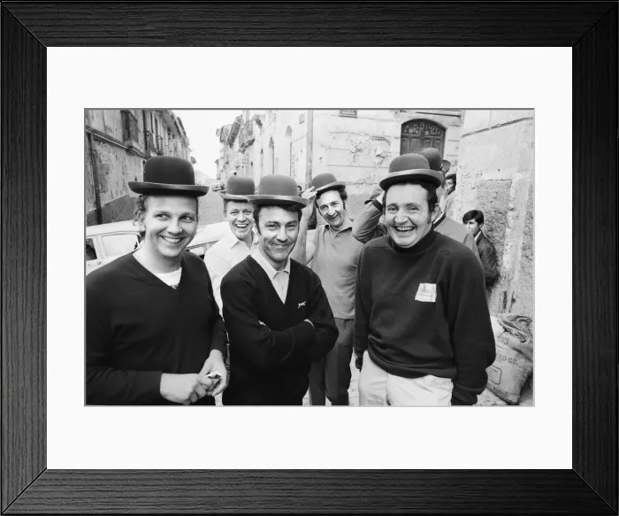Framed Print : Jimmy Greaves seen here having fun with bola hats at the World Cup Rally during