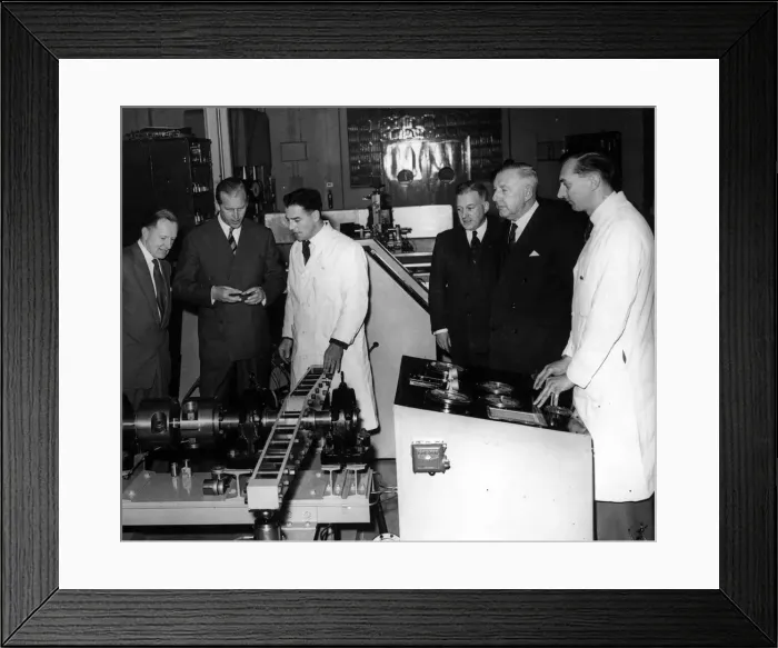 Framed Print : The Duke of Edinburgh inspects a machine for load-testing splines in the laboratory of Framed Print : The Duke of Edinburgh inspects a machine for load-testing splines in the laboratory of