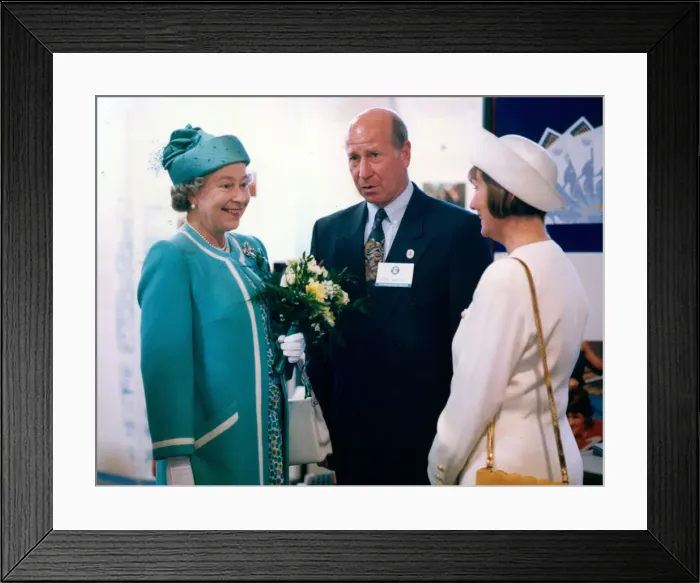 Framed Print : Queen Elizabeth II visits Manchester. The Queen meets Bobby Charlton Framed Print : Queen Elizabeth II visits Manchester. The Queen meets Bobby Charlton