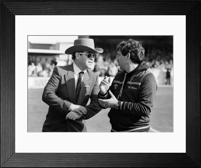 Framed Print : Elton John and Graham Taylor at the Watford v Liverpool football match, 14th May 1983 Framed Print : Elton John and Graham Taylor at the Watford v Liverpool football match, 14th May 1983