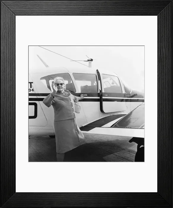 Framed Print : Oldest passenger on Teesside flight. Circa 1973 Framed Print : Oldest passenger on Teesside flight. Circa 1973