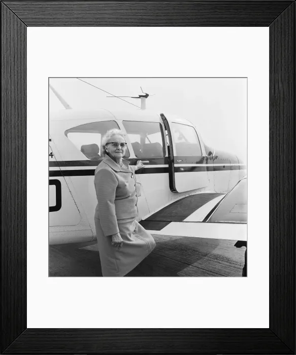 Framed Print : Oldest passenger on Teesside flight. Circa 1973 Framed Print : Oldest passenger on Teesside flight. Circa 1973