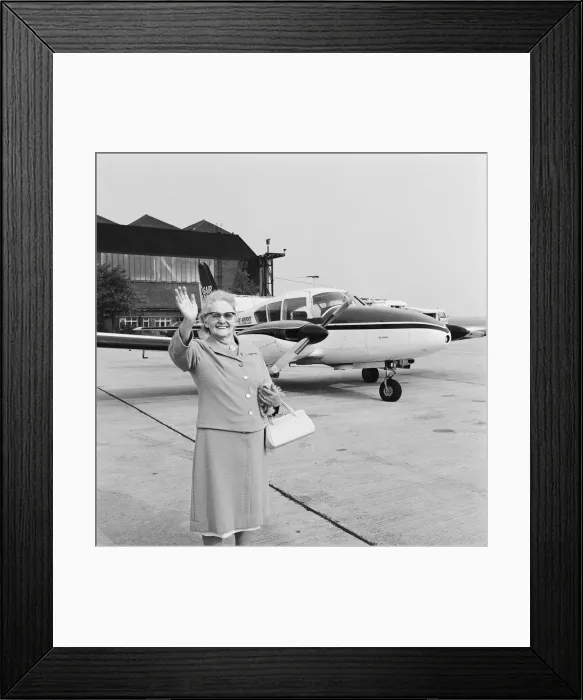 Framed Print : Oldest passenger on Teesside flight. Circa 1973 Framed Print : Oldest passenger on Teesside flight. Circa 1973