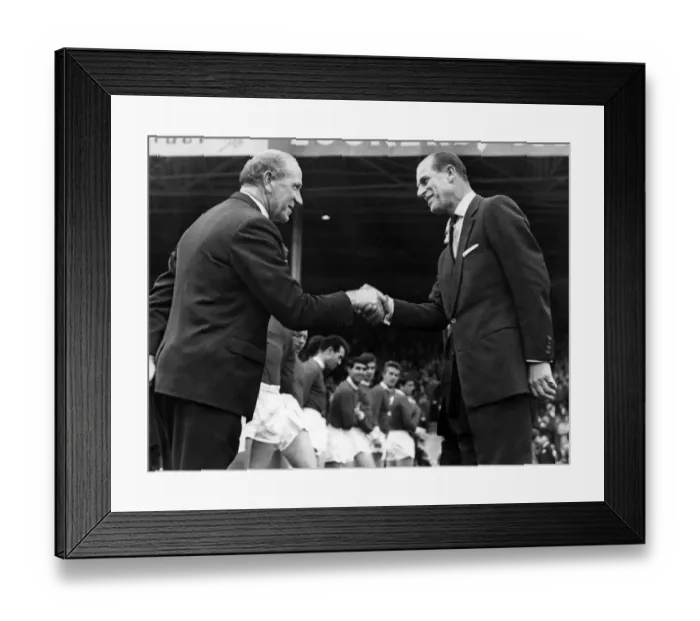 Framed Print : Prince Philip, Duke of Edinburgh shakes hands with Manchester United manager Matt Busby