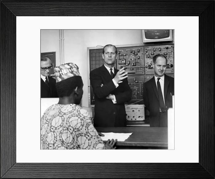 Framed Print : Prince Philip, Duke of Edinburgh talks to some of the students in the Radio laboratory Framed Print : Prince Philip, Duke of Edinburgh talks to some of the students in the Radio laboratory