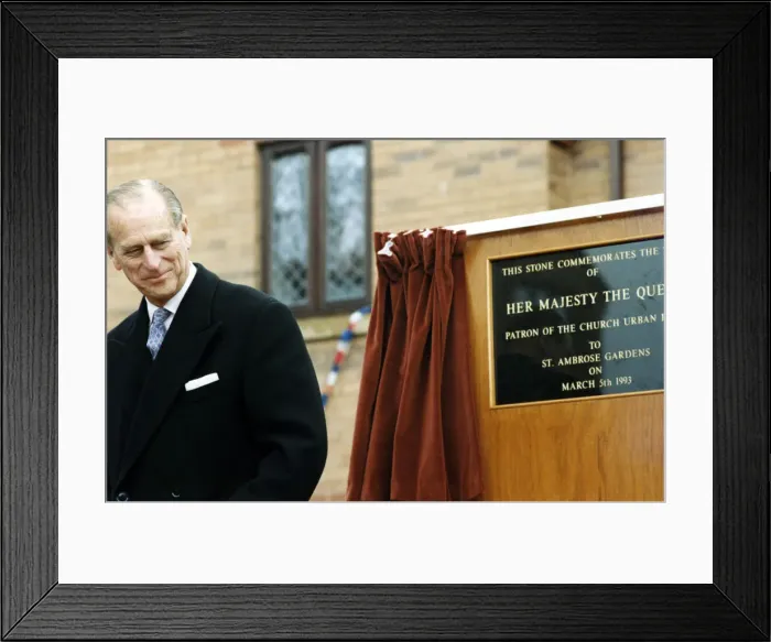 Framed Print : Prince Philip, Duke of Edinburgh visits Manchester. The plaque unveiled by the Duke at St Framed Print : Prince Philip, Duke of Edinburgh visits Manchester. The plaque unveiled by the Duke at St