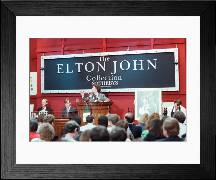 Framed Print : Sothebys auction of Elton John items. 6th September 1988