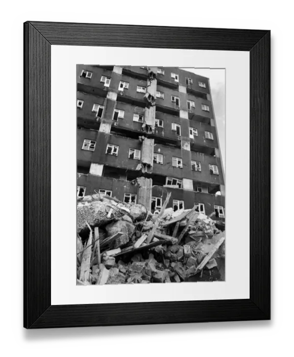 Framed Print : Oak and Eldon Gardens, Birkenhead. The two notorious blocks of flats are nearing the end