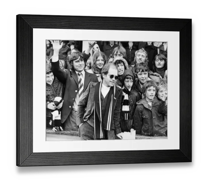 Framed Print : Elton John, singer and songwriter pictured with Watford Football supporters in Darlington