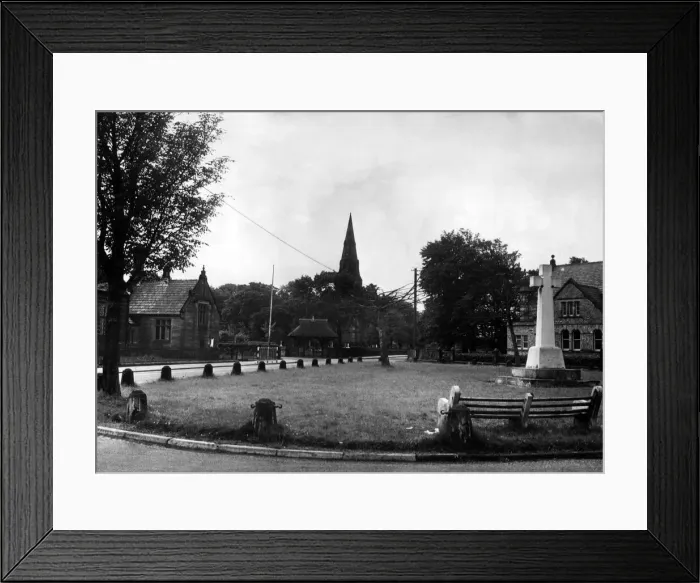 Framed Print : The village green at Knowsley, with the church in the background. October 1964 Framed Print : The village green at Knowsley, with the church in the background. October 1964