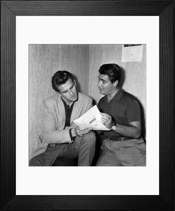 Framed Print : Rock and roll singer Vince Eager alongside his manager Larry Parnes. 20th August 1959 Framed Print : Rock and roll singer Vince Eager alongside his manager Larry Parnes. 20th August 1959