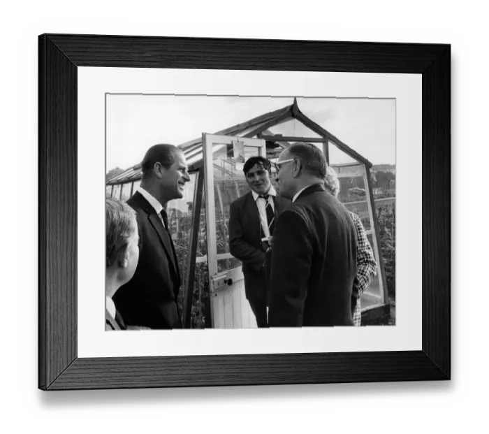 Framed Print : Prince Philip, Duke of Edinburgh at the Cheetham and Crumpsall model allotments in Framed Print : Prince Philip, Duke of Edinburgh at the Cheetham and Crumpsall model allotments in