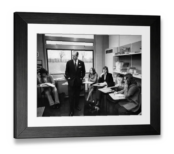 Framed Print : Prince Philip, Duke of Edinburgh visits Eccles College, Ellesmere Park. 8th February 1973 Framed Print : Prince Philip, Duke of Edinburgh visits Eccles College, Ellesmere Park. 8th February 1973
