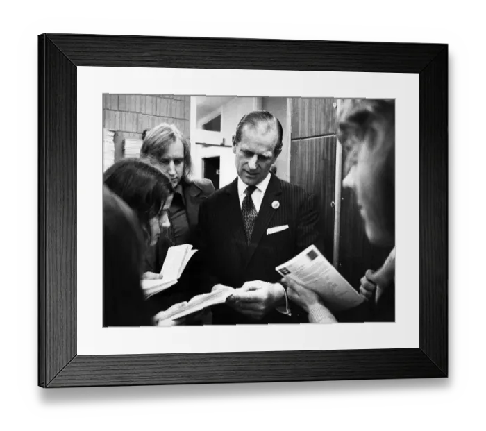 Framed Print : Prince Philip, Duke of Edinburgh visits Eccles College, Ellesmere Park. 8th February 1973 Framed Print : Prince Philip, Duke of Edinburgh visits Eccles College, Ellesmere Park. 8th February 1973