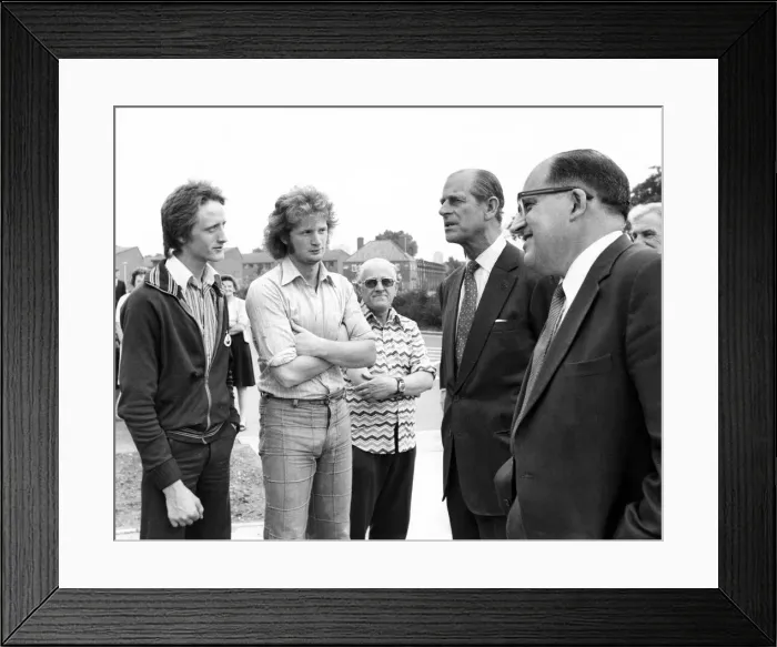 Framed Print : Prince Philip, Duke of Edinburgh stops to have a joke with Castle Irwell gardeners with a Framed Print : Prince Philip, Duke of Edinburgh stops to have a joke with Castle Irwell gardeners with a
