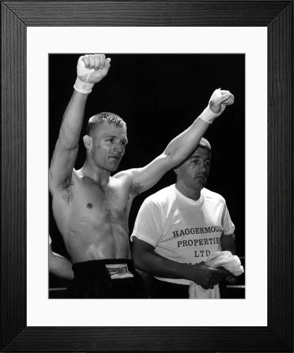 Framed Print : Shea Neary downs opponent Simon Frd then salutes his excellent victory Framed Print : Shea Neary downs opponent Simon Frd then salutes his excellent victory