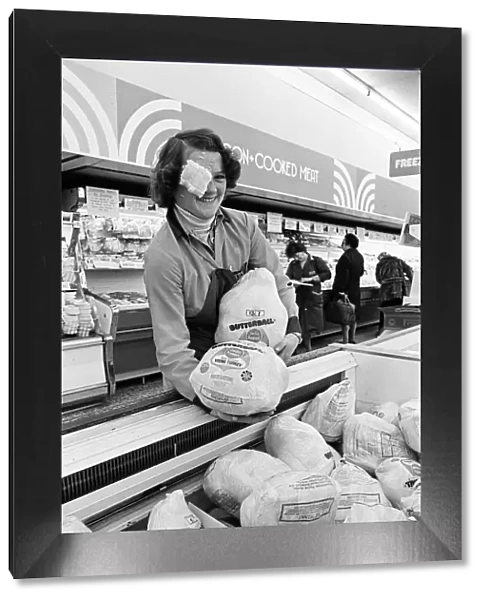 Turkeys fall on girl in a supermarket, Teesside. 1977