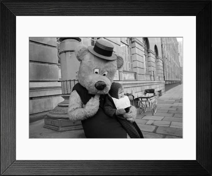 Framed Print : A man dressed up as a 7ft bear, Middlesbrough. 1972 Framed Print : A man dressed up as a 7ft bear, Middlesbrough. 1972