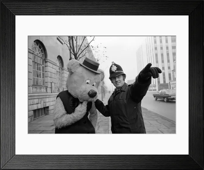 Framed Print : A man dressed up as a 7ft bear, Middlesbrough. 1972 Framed Print : A man dressed up as a 7ft bear, Middlesbrough. 1972