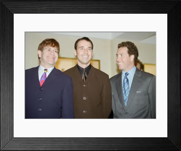 Framed Print : Elton John, David Furnish and David Linley at the opening of Theo Fennell Framed Print : Elton John, David Furnish and David Linley at the opening of Theo Fennell