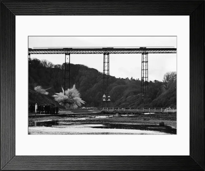 Framed Print : The Half Penny Bridge, Saltburn, North Yorkshire, being blown up. 17th December 1974 Framed Print : The Half Penny Bridge, Saltburn, North Yorkshire, being blown up. 17th December 1974