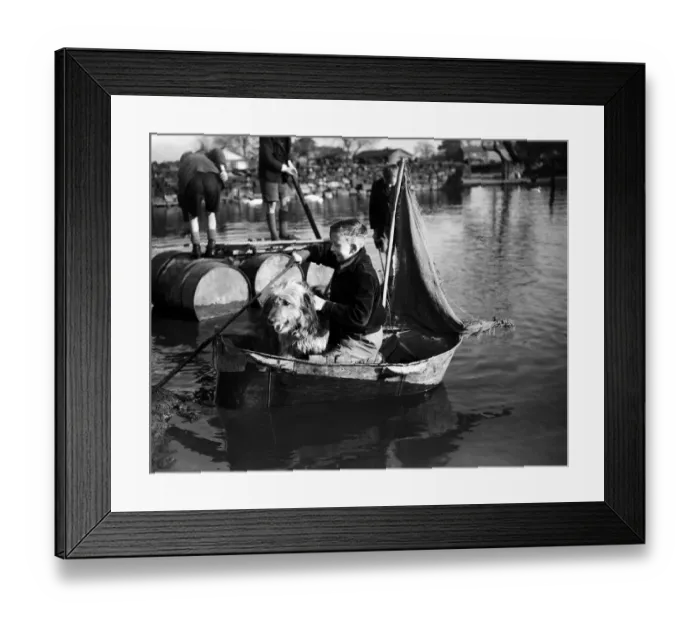 Framed Print : Boys on rafts and tin-bath boats. Circa 1946 Framed Print : Boys on rafts and tin-bath boats. Circa 1946