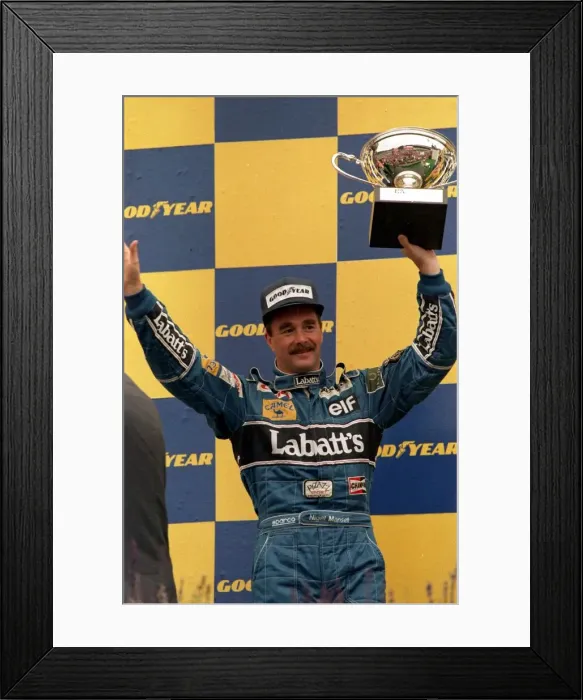 Framed Print : Nigel Mansell celebrates at the Belgium Grand Prix - August 1992 Framed Print : Nigel Mansell celebrates at the Belgium Grand Prix - August 1992