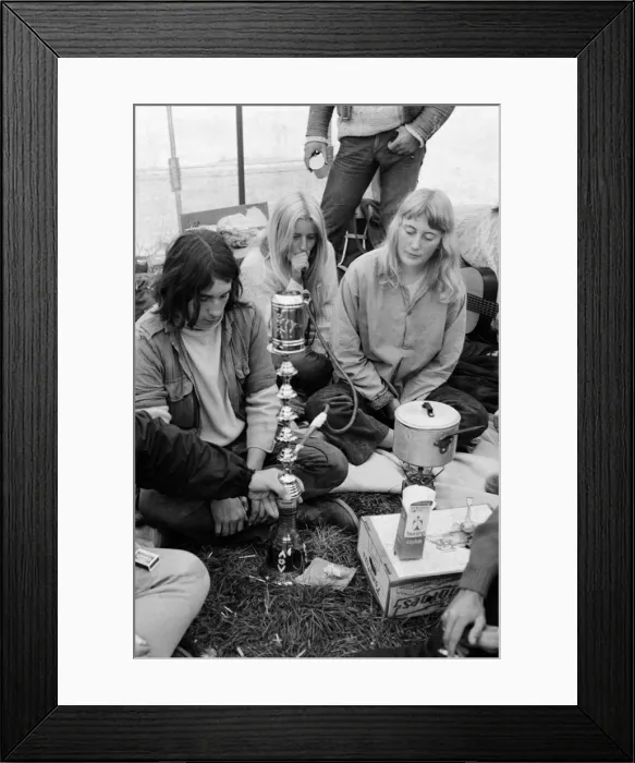 Framed Print : Isle of Wight Festival. A group of hippies in a tent. 21st August 1970