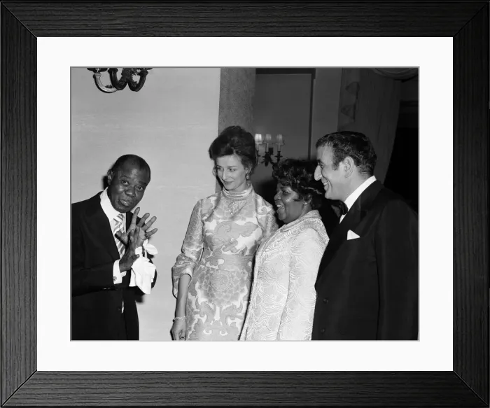 Framed Print : Princess Alexandra meets Louis Armstrong at a private party at the Savoy Hotel, London