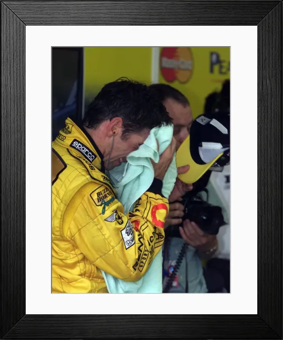 Framed Print : Damon Hill feels the heat after first practice session for the British Grand Prix 1999 Framed Print : Damon Hill feels the heat after first practice session for the British Grand Prix 1999