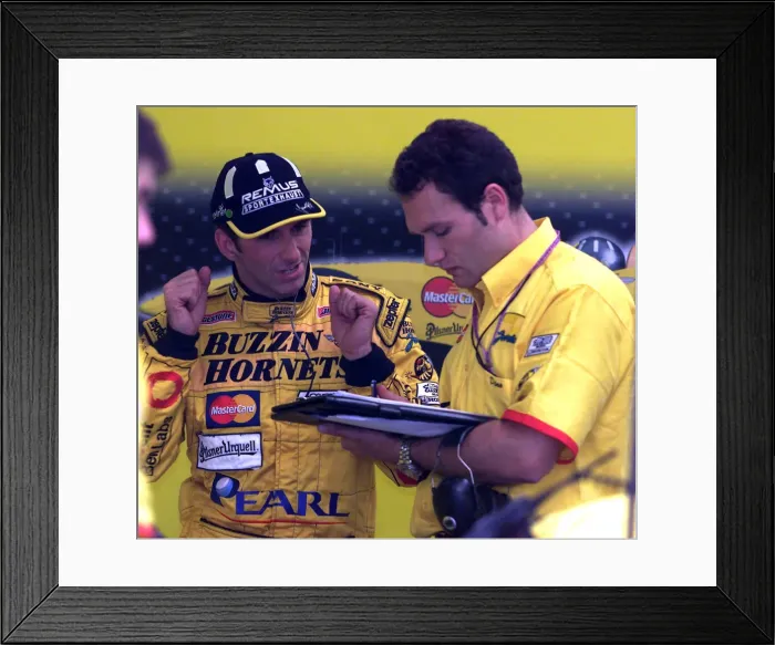Framed Print : Damon Hill British Grand Prix 1999 Silverstone Practice Session discusses performance Framed Print : Damon Hill British Grand Prix 1999 Silverstone Practice Session discusses performance