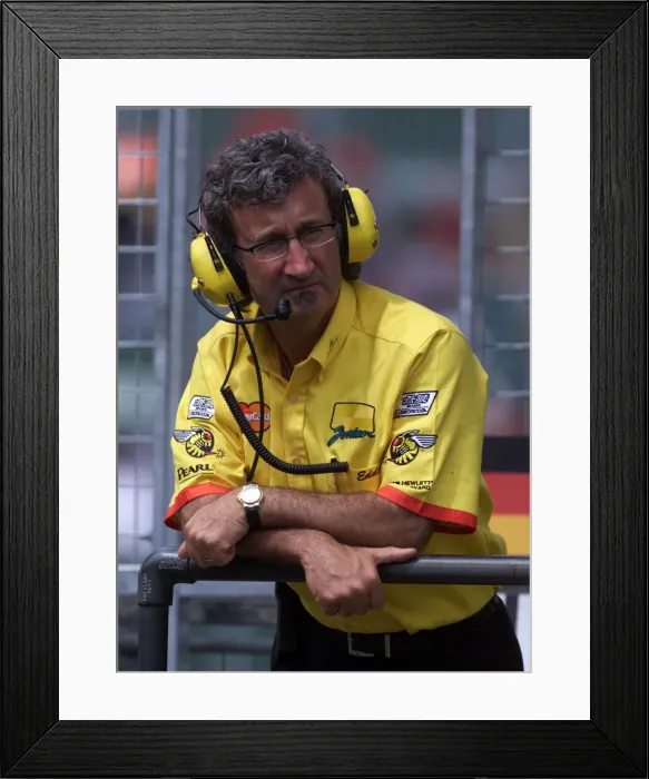 Framed Print : Eddie Jordan Team Manager watches Warm Up Session at Sliverstone 1999 before the British Framed Print : Eddie Jordan Team Manager watches Warm Up Session at Sliverstone 1999 before the British