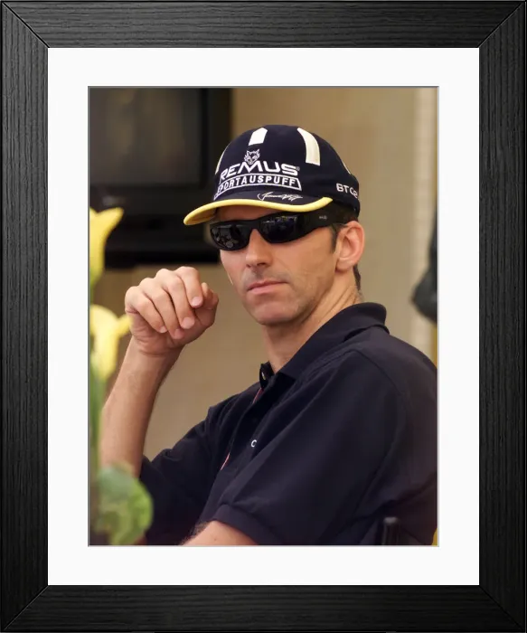 Framed Print : Damon Hill ponders his future with wife Georgie July 1999 over lunch in the Jordan motor Framed Print : Damon Hill ponders his future with wife Georgie July 1999 over lunch in the Jordan motor