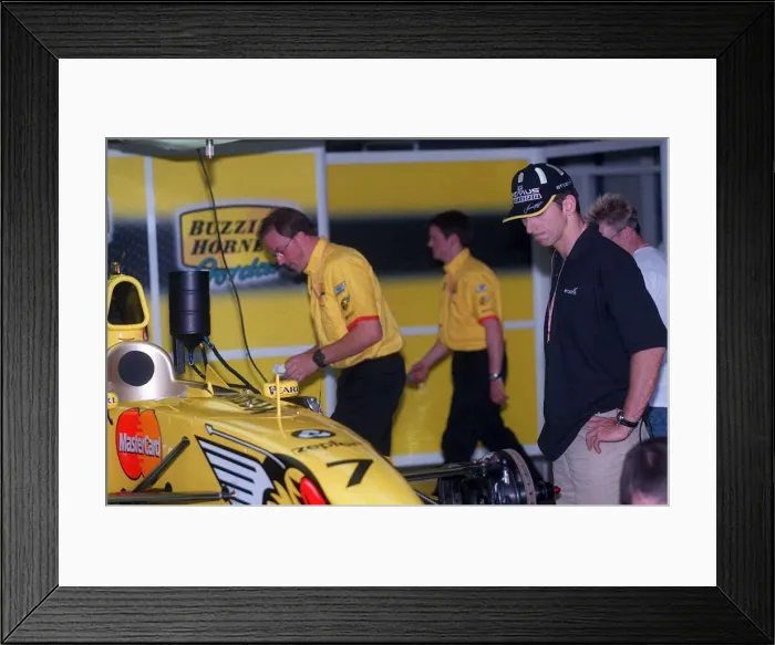 Framed Print : Damon Hill looks over his car. Formula One Grand Prix July 1999 Jordan Team Framed Print : Damon Hill looks over his car. Formula One Grand Prix July 1999 Jordan Team