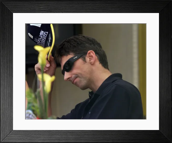 Framed Print : Formula One Grand Prix Damon Hill ponders his future July 1999 over lunch in the Jordan Framed Print : Formula One Grand Prix Damon Hill ponders his future July 1999 over lunch in the Jordan
